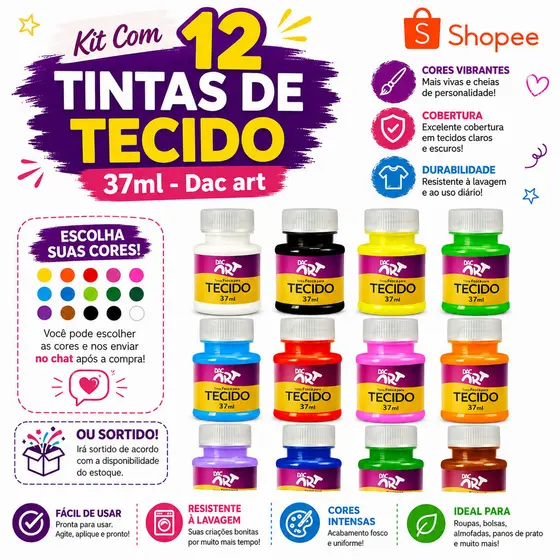 Kit Com 12 Tintas De Tecido art - 37ml / Dac