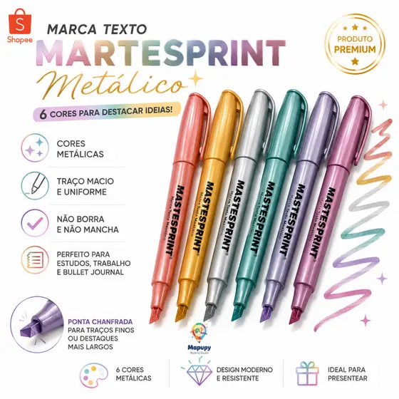 Marca Texto Metálico Masterprint 6 Cores - Planner, Lettering e Bullet Journal