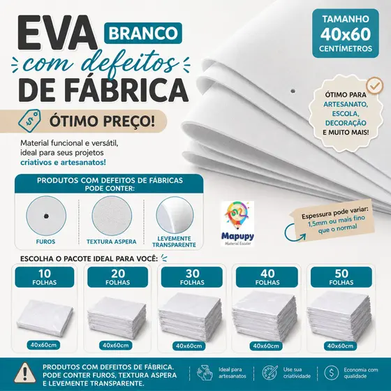 Folhas de EVA Branco (40x60cm) com Defeitos de Fábrica