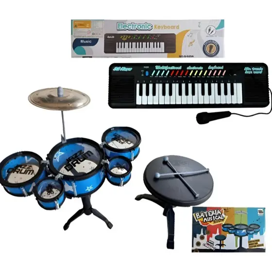 Kit Musical Infantil - Mini Bateria + Teclado 37 Teclas com Microfone e Banco