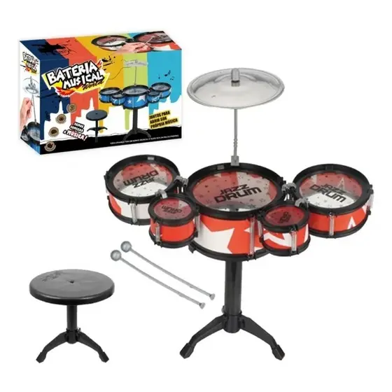 Mini Bateria Infantil Completa Com Banquinho Instrumento 5 Tambores Brinquedo Menino Criança