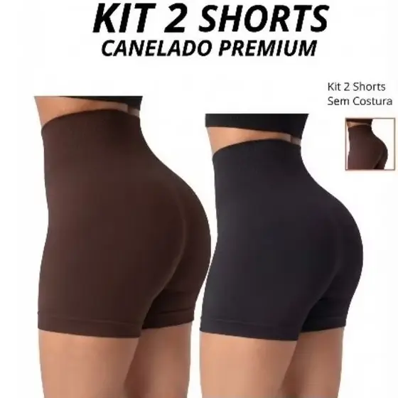 Kit Short Fitness Canelado Cintura Alta Sem Costura Para Cademia Zero Transparência Feminino Meia Coxa Tecido Premium.