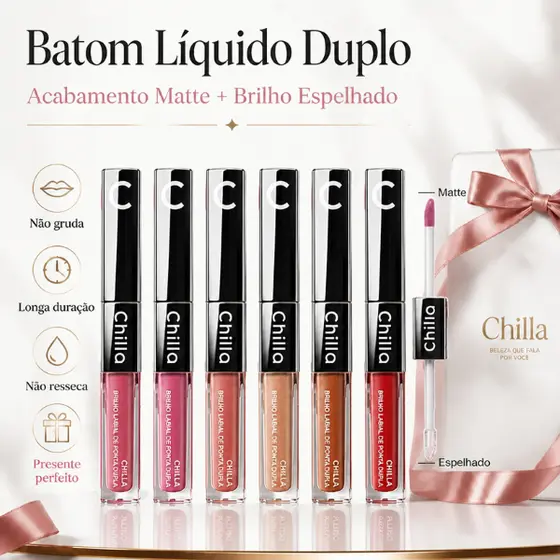 Batom Dupla Ponta 2 em 1 Textura Matte e Gloss, Maquiagem Labial Prática para Look Casual e Eventos