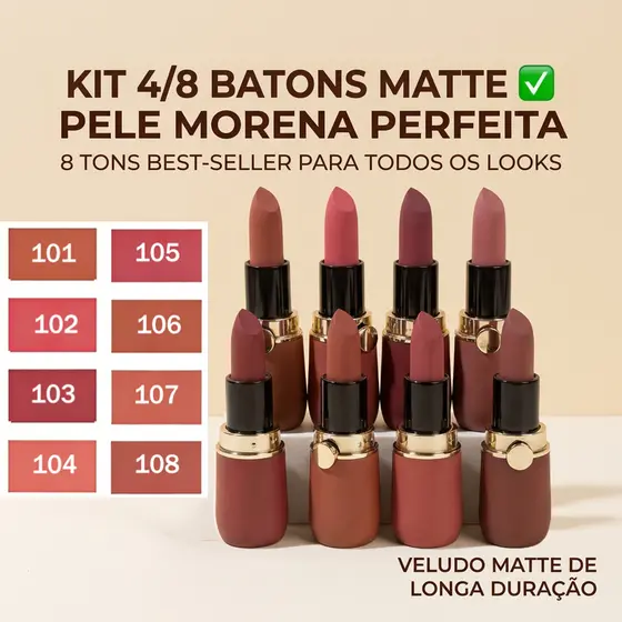 Kit Batom Mate Aveludado - Longa Duração, à Prova D'água,Não Gruda e Hidratante