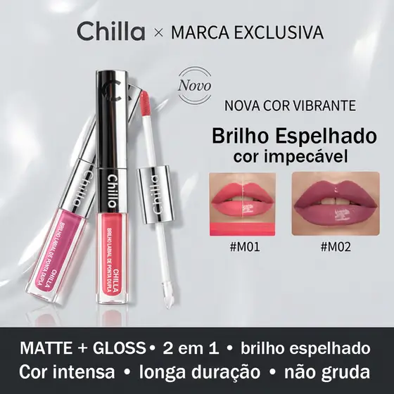 Chilla Lipgloss Duo 3D- Acabamento Matte e Brilho, À Prova D'água, Fácil Aplicação