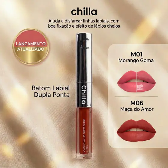 Chilla 6 Cores Batom Líquido Duo3D-Matte de Um Lado e Brilho do Outro, Longa Duração, À Prova D'água