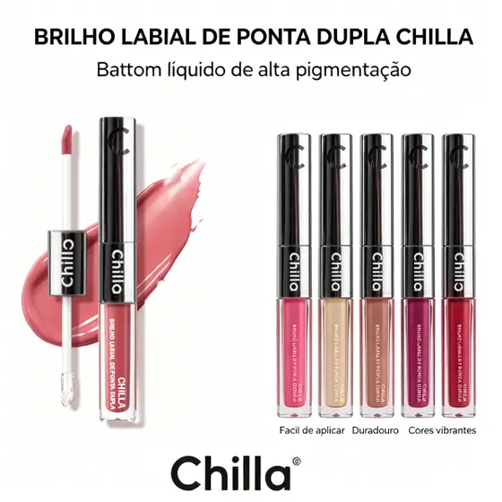 Kit Chilla Batom Líquido Duas Pontas 3D-Matte e Brilho, À Prova D'água, Longa Duração