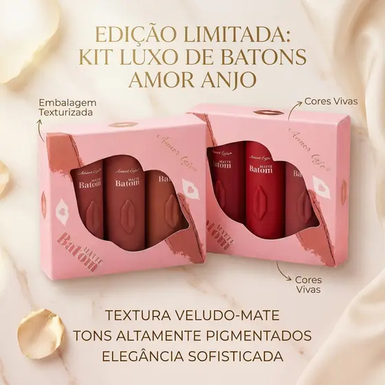 KIT Amor Anjo batom  Matte aveludado - Hidratante, Antiaderente, Longa Duração,
