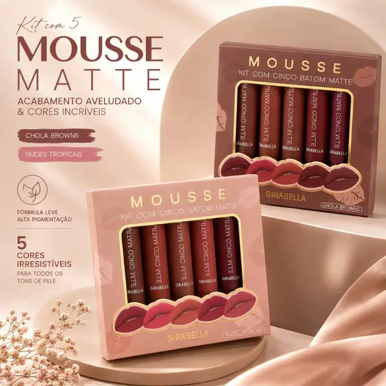 Mousse Kit Cores Batom Matte - Não Gruda, Longa Duração, Acabamento Veludo