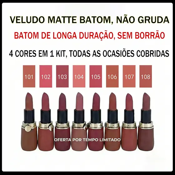 Kit Batom Fosco Veludo Aveludado, Hidratante, Longa Duração, à Prova D'água