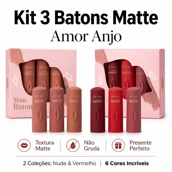 AMOR ANJO Kit 3 Batons Mate - Textura Cremosa, Longa Duração, Acabamento Aveludado e Natural