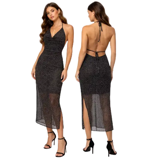 Vestido Feminino de Tule Preto Poá Branco Midi Fenda Lateral Costas Aberta Amarração Pescoço Fashion