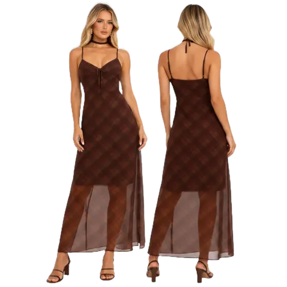 Vestido Midi Tule Xadrez Feminino Alça Regulável Elegante Sensual Fenda Lateral Moda Inverno 26
