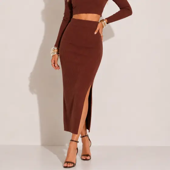 Saia Lápis Midi Feminina Cotelê Premium Fenda Frontal Cós Alto Inverno Casual Chic Moderna Elegante