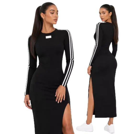 Vestido Feminino Midi Ribana Manga Longa Elastano Fenda Justo Elegante Casual Moderno  Dia a Dia