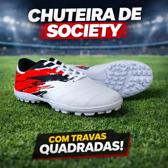 Chuteira Society Profissional com Solado Costurado Reforçada Super Confortável Travinhas de Campo Adulto e Infantil