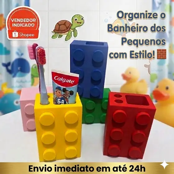 Porta Escova Infantil de Dente e Pasta Estilo Lego Bloco de Montar Organizador de Banheiro Criativo Menino e Menina