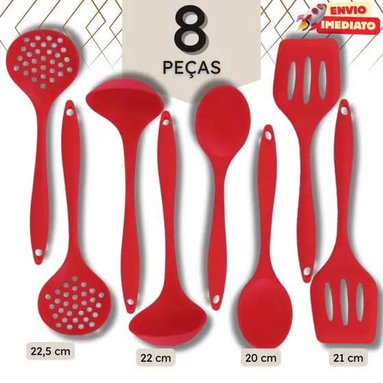 Kit com 4 ou 8 Utensílios de Cozinha em Silicone – Escumadeira, Concha, Pincel e Colher de Servir