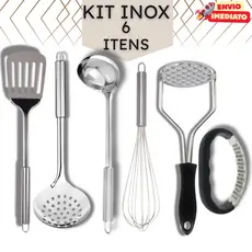 Kit Cozinha 6 Peças Aço Inox : Amassador Alho e Batata, Concha, Espátula, Escumadeira e Fuê - Utensílios Pronta Entrega