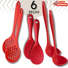 Kit com 3 ou 6 Utensílios de Cozinha Silicone – Colher, Concha e Escumadeira