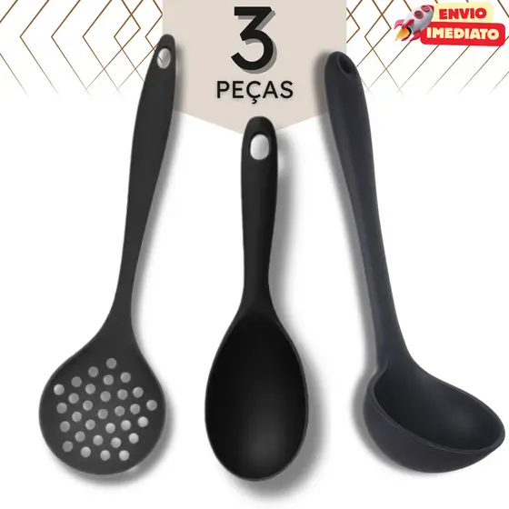 Jogo com 2, 3 ou 6 Utensílios de Cozinha Silicone – Colher, Concha e Escumadeira