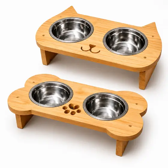 Comedouro Pet Bebedouro Cachorro Ou Gato Elevado 2 Pote Inox Madeira Pinus Ou MDF