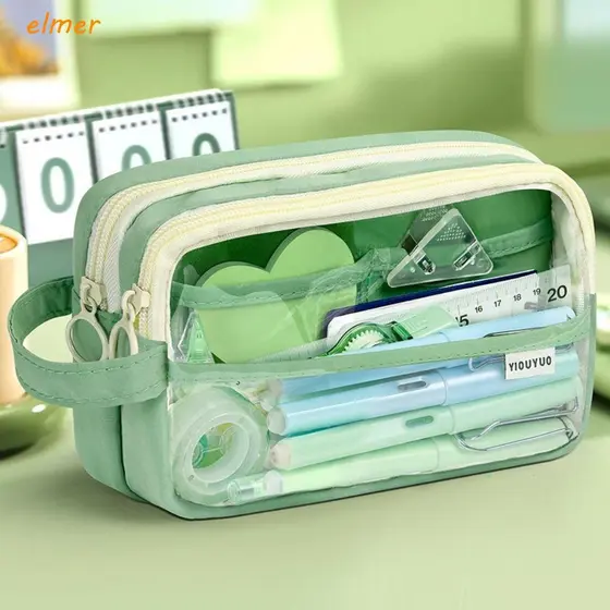 Estojo Transparente ELMER, Bolsa para Canetas de Grande Capacidade, com 5 Compartimentos, Caixa de Papelaria com Zíper D