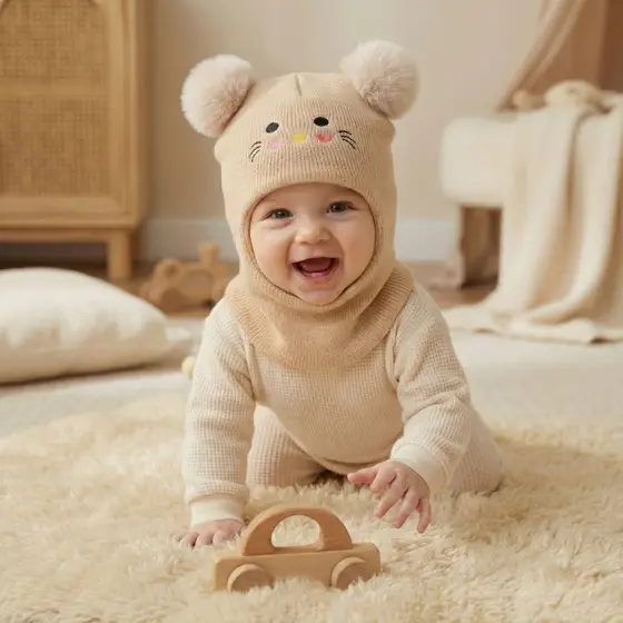 Gorro Touca Balaclava Infantil Proteger Pescoço Gato Animados À Prova de Vento Forrado Inverno 1 a 3 anos FMZ0509AN