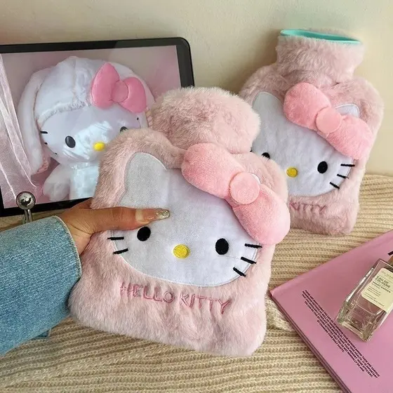 Bolsa de água quente em formato de Hello Kitty, grande e macia, para aquecer as mãos.