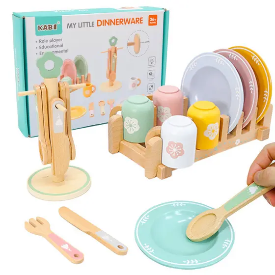 Conjunto de cozinha de madeira, pratos e utensílios de simulação para crianças, brinquedos infantis