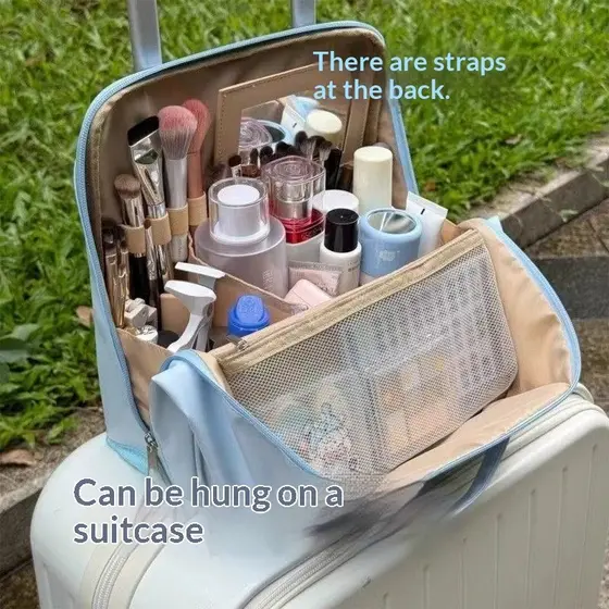 Saco cosmético Vertical com espelho feminino portátil de grande capacidade pode pendurar bagagem viagem portátil divisór