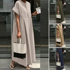 Novo vestido solto de algodão e linho de tamanho grande, vestido longo com decote redondo, vestido casual.