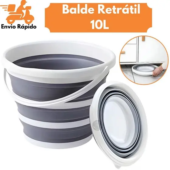 Balde Retrátil Dobrável de Silicone – 10L | Compacto, Portátil, Cor Cinza, Ideal para Viagem e Camping Limpeza