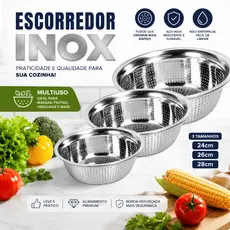 Escorredor Inox Multiuso 24cm 26cm 28cm | Peneira Escorredor de Macarrão Frutas e Verduras