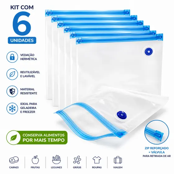 Kit 6 Sacos a Vácuo Reutilizável Conserva Alimentos Objetos