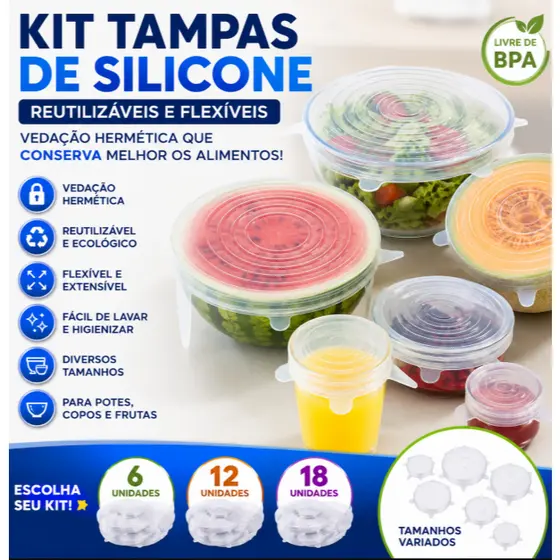 Kit Tampas de Silicone Universal Reutilizável Vedação Hermética 6, 12 ou 18 Unidades