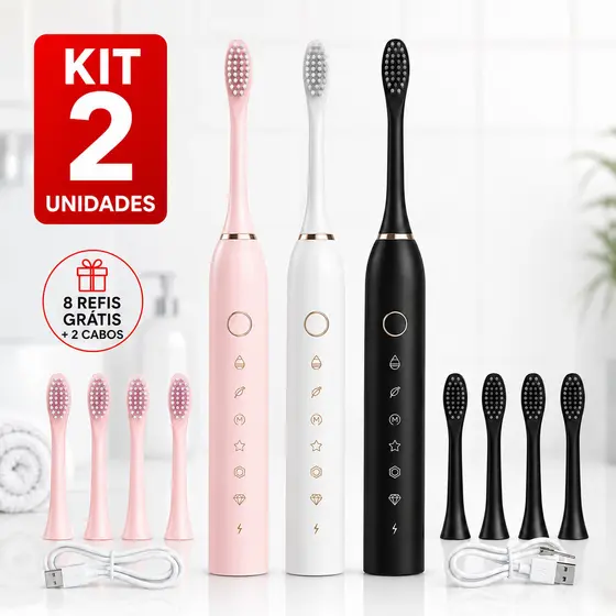 Kit 2 Escova de Dentes Elétrica Sonic - Recarregável + 4 Refis Grátis