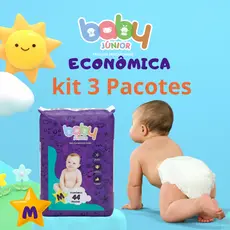 Kit Fralda Descartável Baby Junior Econômica M Com 3 Pacotes de 44 Fraldas Totalizando 132 Unds