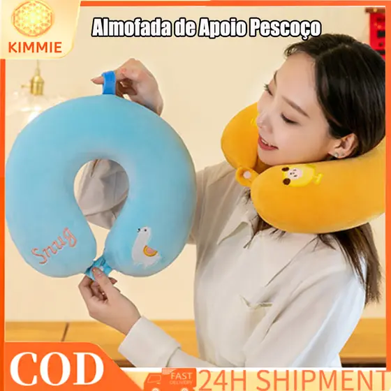 Almofada cervical em espuma viscoelástica em forma de U com desenho bordado, ideal para viagens e sestas no escritório,