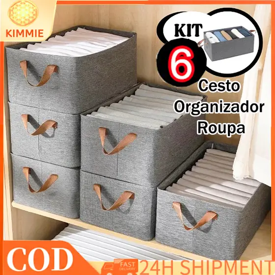 Kit 2 3 5 7 10 Caixas Organizadoras Guarda Roupa Cesto Organizador de Roupas Calças com Tampa Dobrável Multiuso Armário