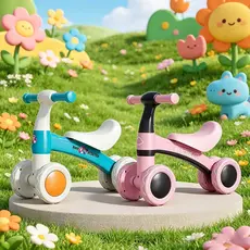Bicicleta de Equilíbrio 4 Rodas Sem Pedal，Andador – Infantil, Estável e Seguro！