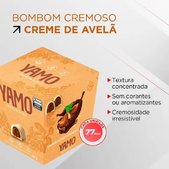 Bombom zero açúcar recheio creme de avelã caixa com 18 un 15g cada yamo topway