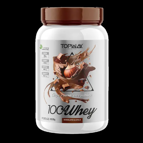 Suplemento whey protein 100% concentrado sabor chocolate com avelã pote 900g topway com vitamina D e B12