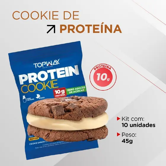 Kit 10 Cookies recheados sabor baunilha com proteína topway 45g caixa com 10 unidades