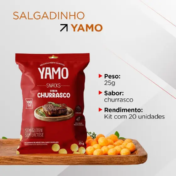 Kit com 20 Snack salgadinho de arroz sabor churrasco yamo topway sem glúten 25g