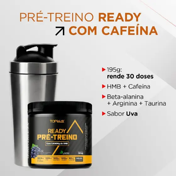 Pré treino ready com HMB e cafeína 195g topway suplemento em pó sabor uva