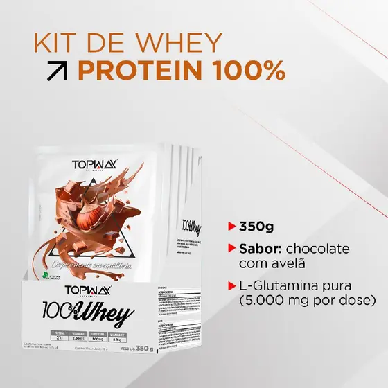 Whey protein 100% sabor chocolate com avelã topway display com 10 sachês individual de 35g