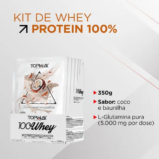 Whey protein 100% sabor coco com baunilha topway display com 10 sachês individual de 35g