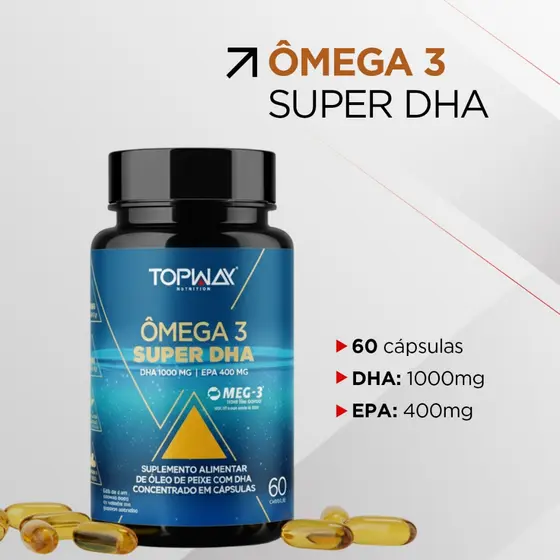Ômega 3 super DHA 1000mg pote com 60 capsulas suplemento alimentar topway