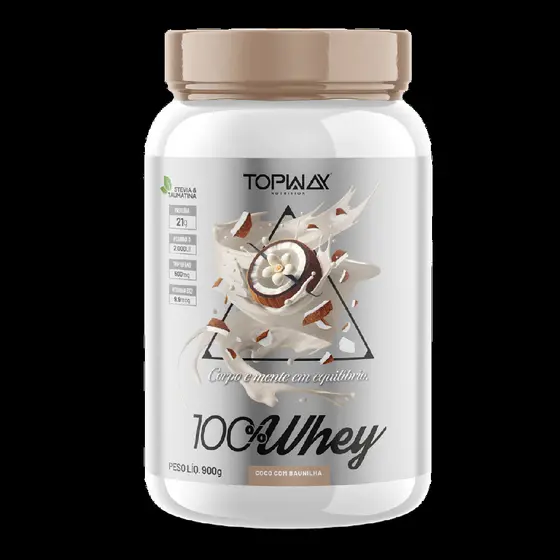 Suplemento whey protein 100% concentrado sabor coco com baunilha pote 900g topway com vitamina D e B12